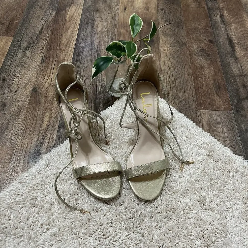 Lulu's Size 7 Champagne Metallic Lace-Up Peep Toe Stiletto Aimee Heels